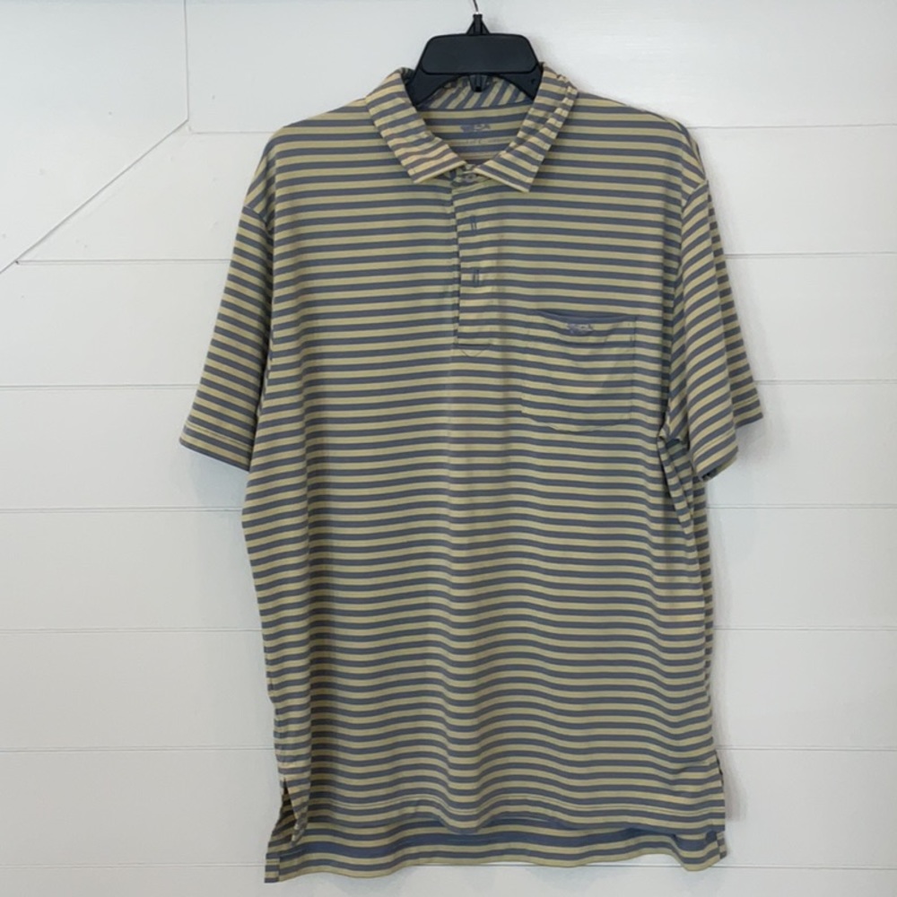 Coastal Cotton Performance Polo Yellow and Blue Stripes Large